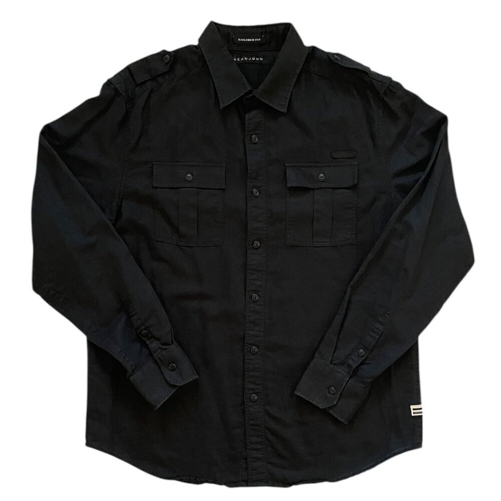 Sean John Men's Tailored Fit Size L Long Sleeve Button Up Linen Shirt Black